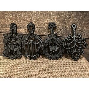 Lot of 4 Cast Iron Mini Trivets Lyre Grape Family‎ Tree Eagle Vintage
